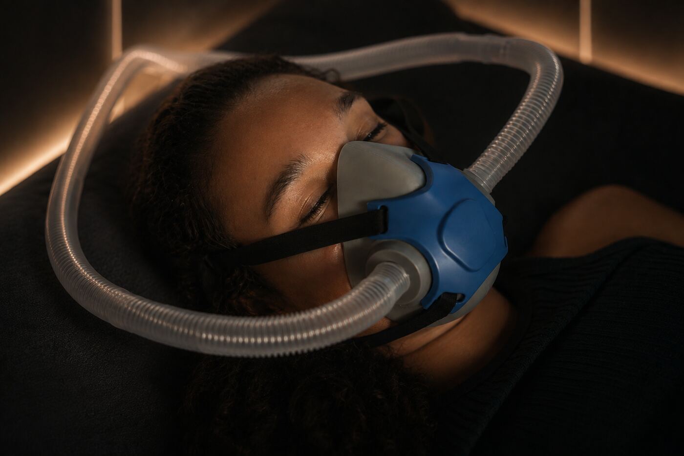 Klient med BIBS-mask under en tryckkammarbehandling